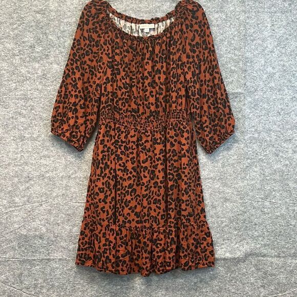 KNOX ROSE Dress Size Large Smocked Elastic Waist Animal Print Rust Large Fall - Picture 2 of 14